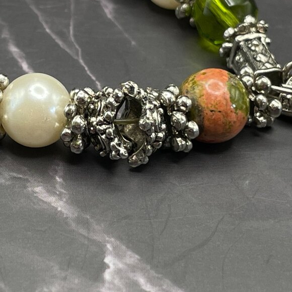 Vintage Unakite & Sterling Bracelet 925 Locking Box Charm Glass Beads Faux Pearl - Picture 8 of 10